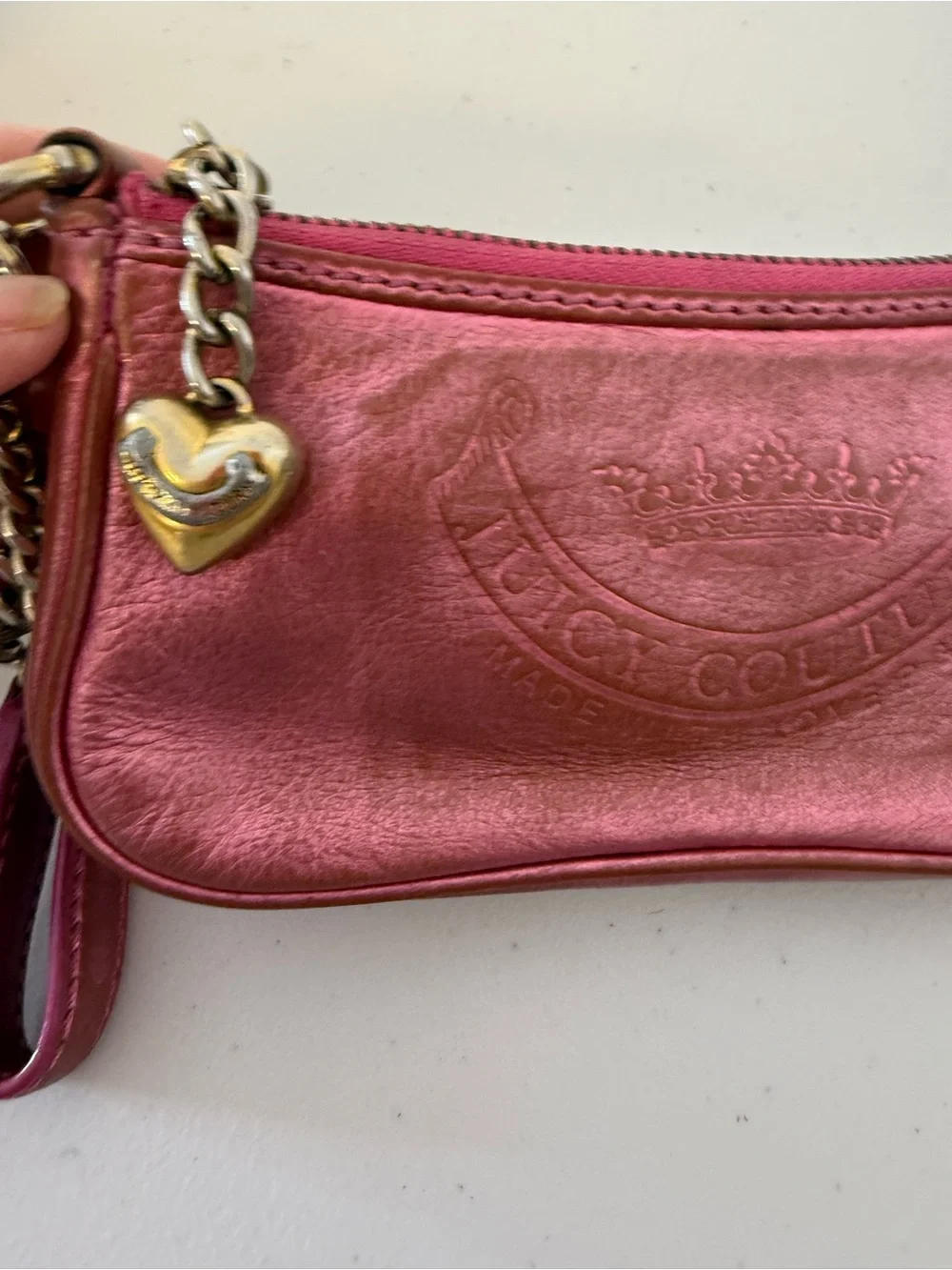 Juicy Couture Y2K Pink Metallic Leather Wristlet Clutch Heart Mirror Charm